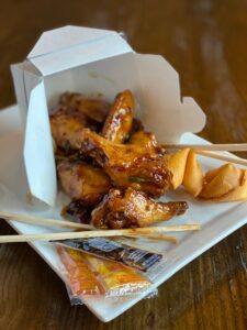 General Tso’s Wings Crispy chicken wings tossed in a super sticky General Tso’s glaze and served with wasabi dip